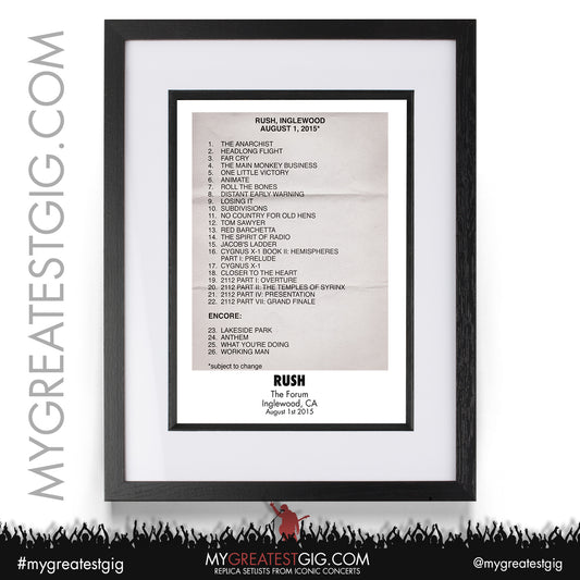 Rush - Inglewood - August 1st 2015 Replica Setlist Poster