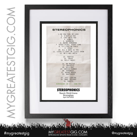 Stereophonics - Birmingham - April 2nd 2022 Recreated Setlist Poster