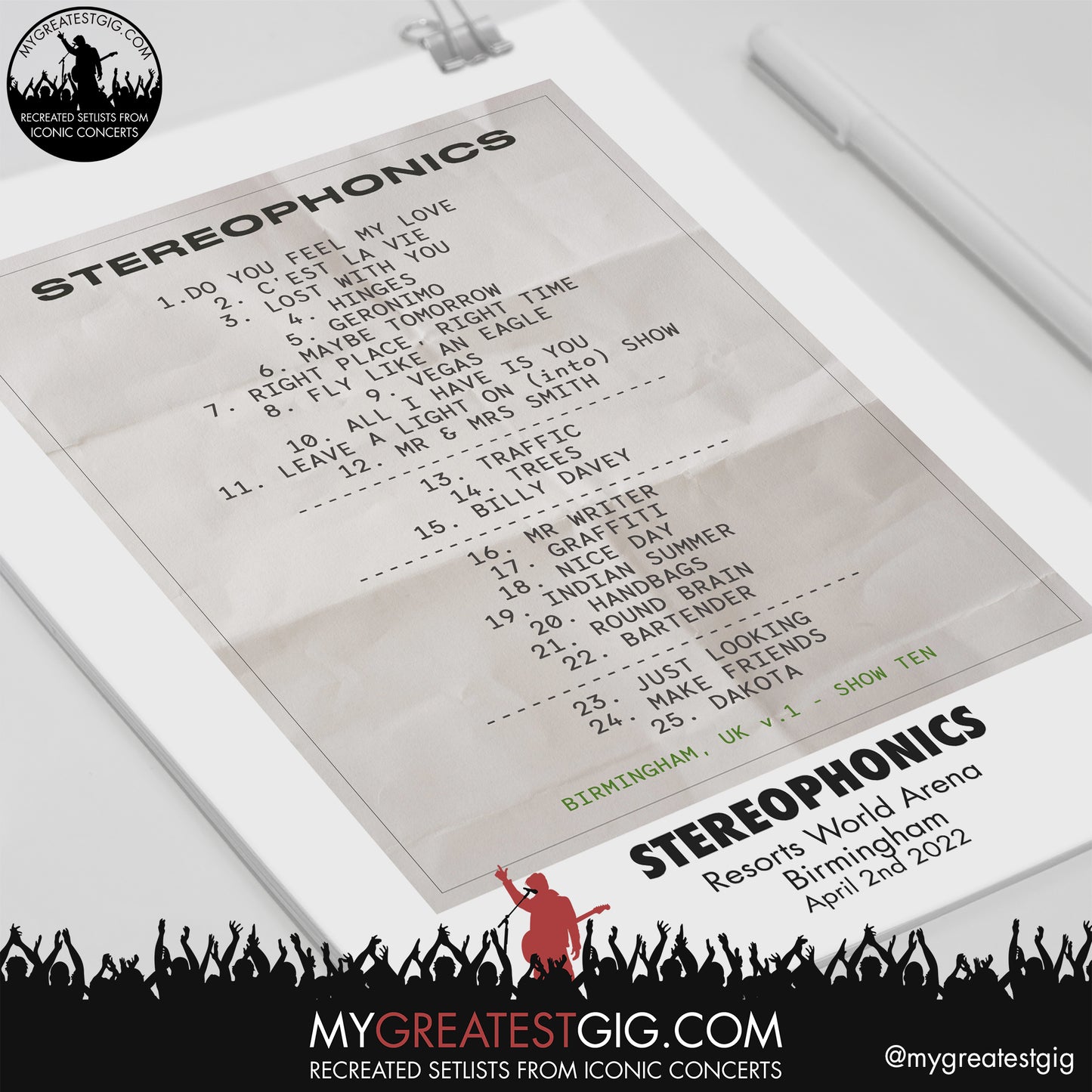 Stereophonics - Birmingham - April 2nd 2022 Recreated Setlist Poster