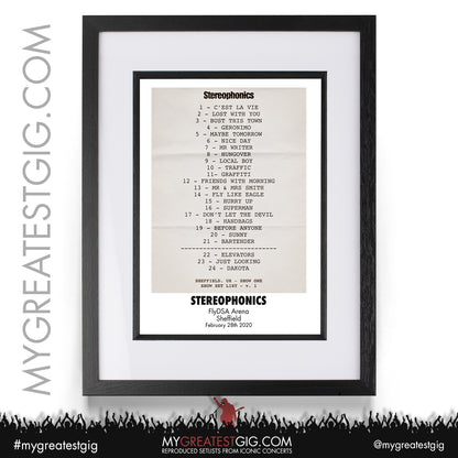 Stereophonics - Sheffield - February 28th 2020 Recreated Setlist Poster