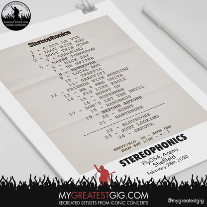 Stereophonics - Sheffield - February 28th 2020 Recreated Setlist Poster