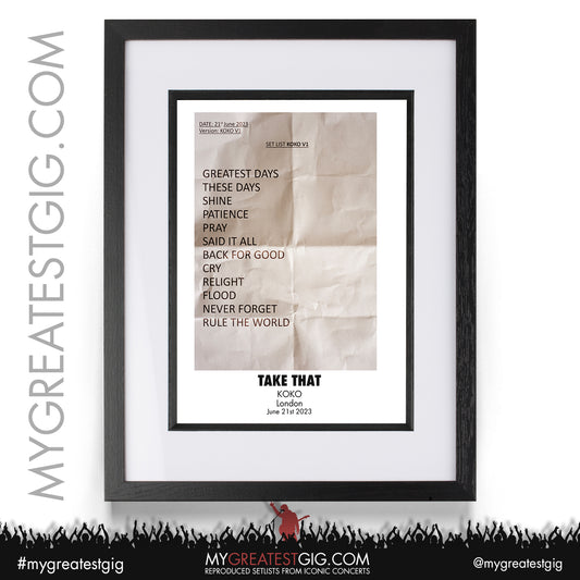 Take That - Koko - June 21st 2023 Recreated Setlist Poster