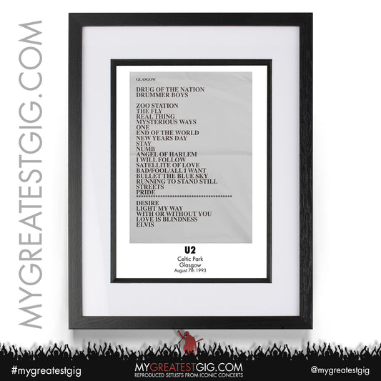 U2 - Glasgow - August 7th 1993 Recreated Setlist Poster