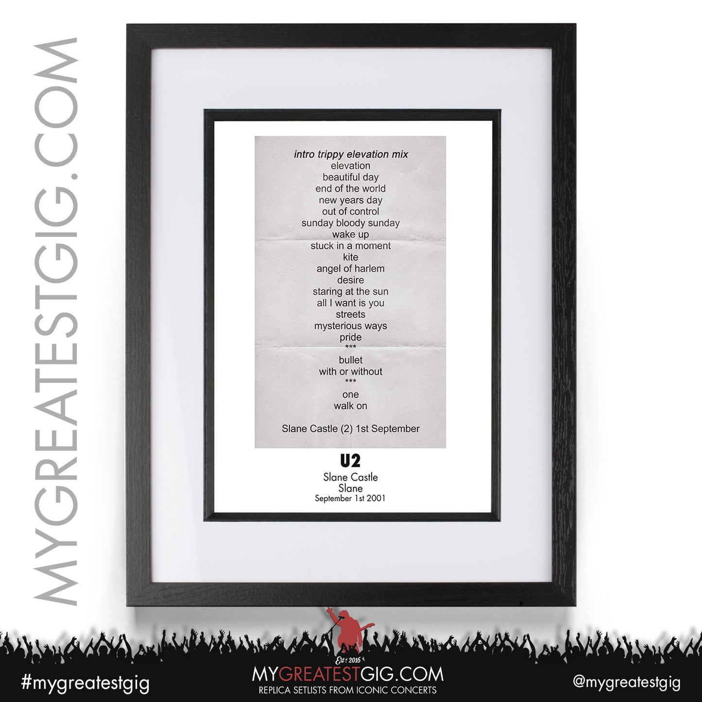 U2 - Slane Castle - September 1st 2001 Replica Setlist Poster