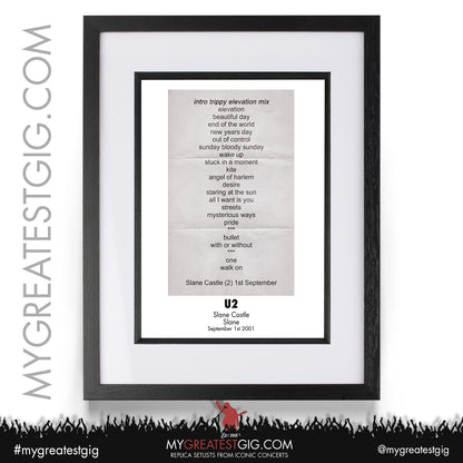 U2 - Slane Castle - September 1st 2001 Replica Setlist Poster