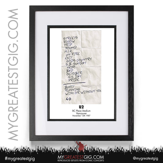 U2 - Vancouver - November 12th 1987 Recreated Setlist Poster